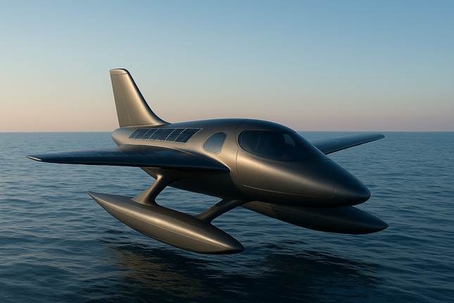 Zelta amphibious Jet-A1 turboprop UAV render over open water